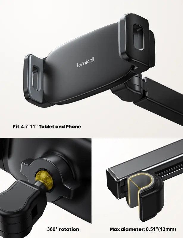 3-in-1 Adjustable Extension Arm Car Headrest Tablet Holder